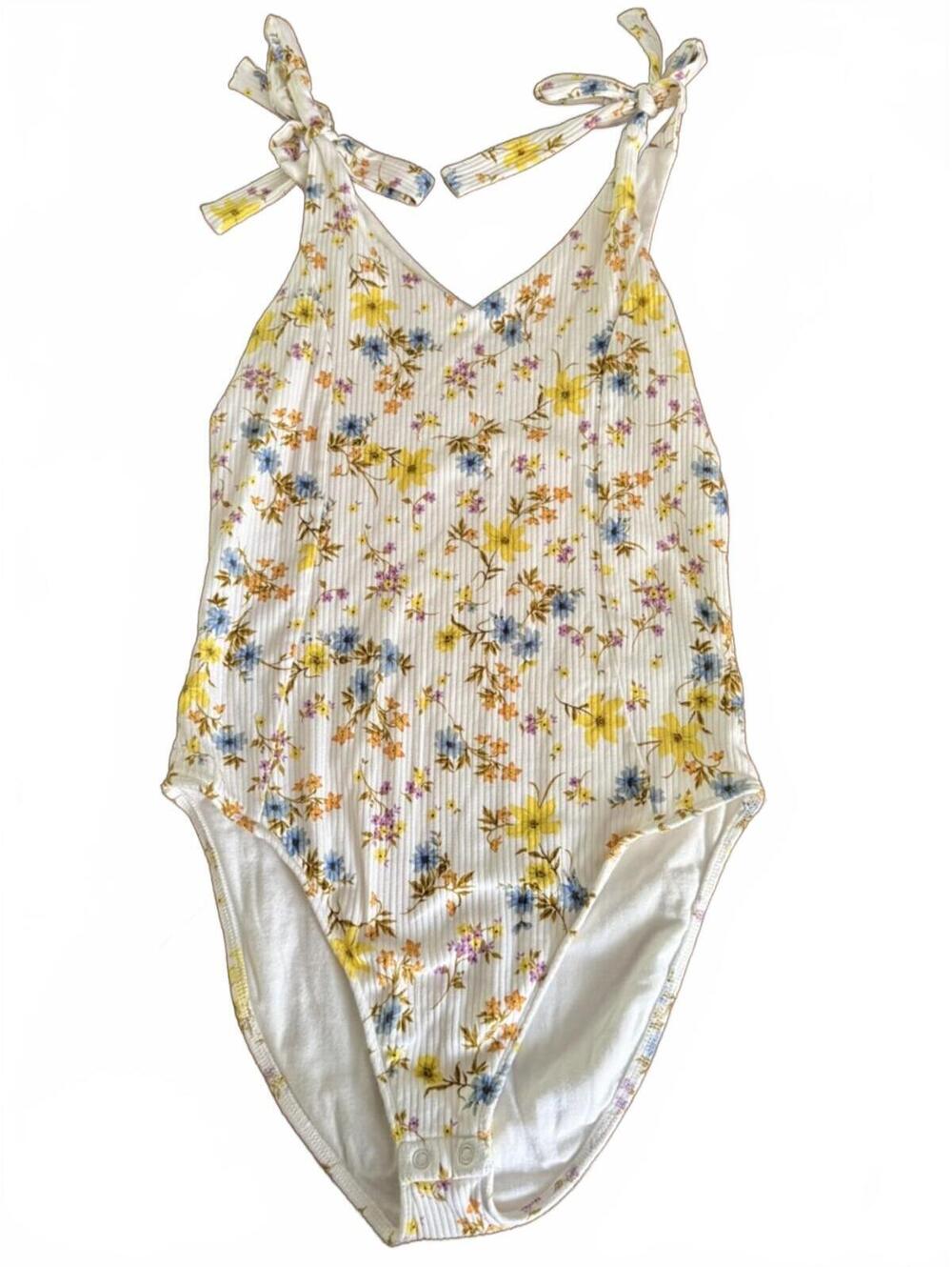 Floral Ribbed Knit Bodysuit with Tie Shoulder Straps